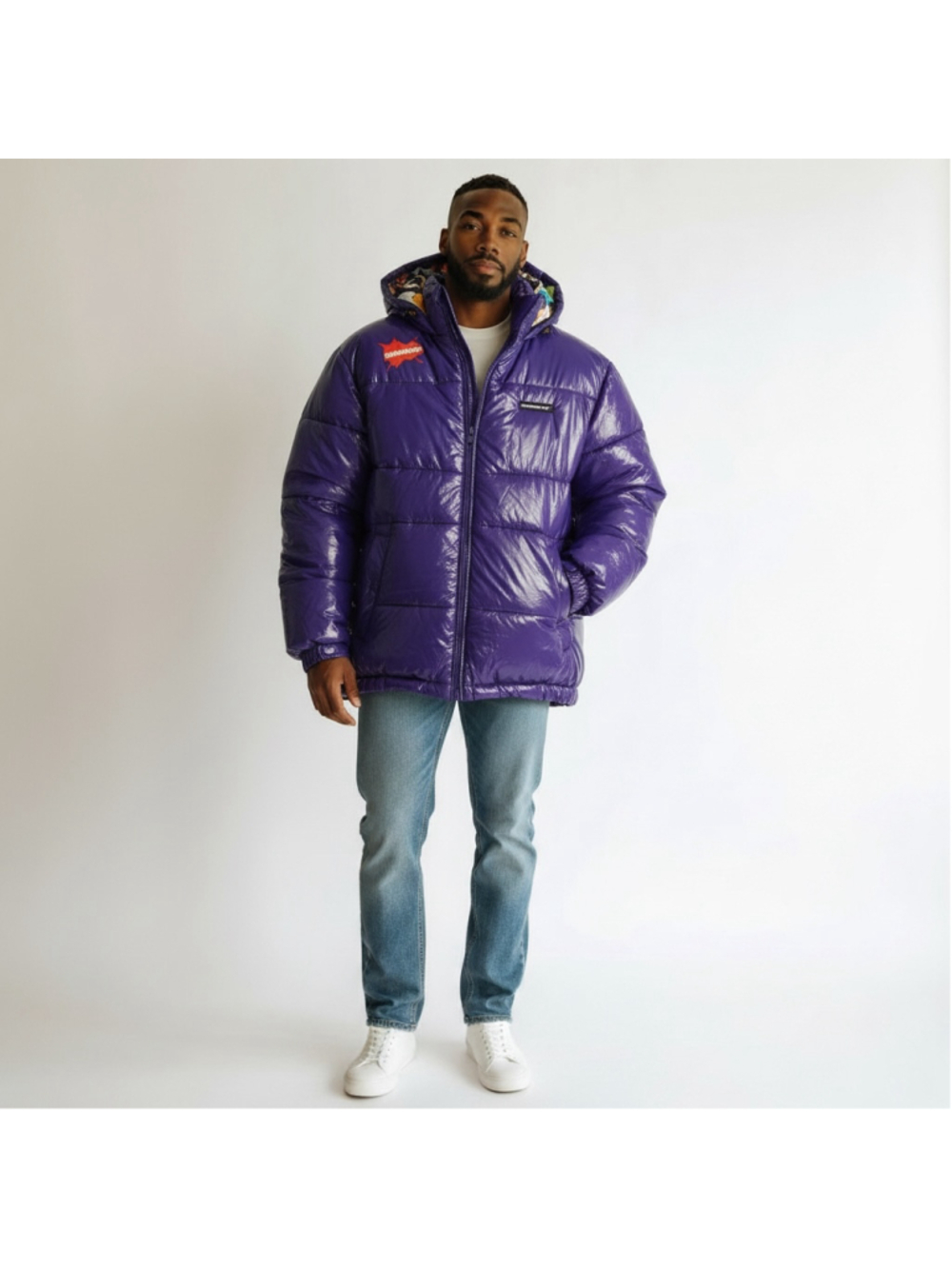 Men's Members Only x Nickelodeon Puffer Jacket Size XL Purple Graphic Print